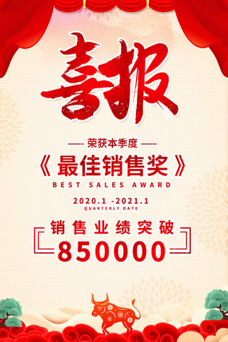 中国风喜庆2021销售喜报宣传海报2021新年牛年喜报